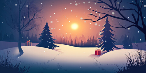 Fototapeta premium Scene Of Winter Snowscape, With Mountains And Trees Covered In Thick Layers Of Snow, Blue Sky With A Few White Clouds Scattered Around, Snowflakes Are Falling On The Surface