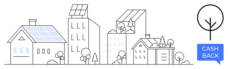 Solar panels on rooftops, various buildings and trees convey sustainability. Cash back incentive icon. Ideal for renewable energy, eco-conscious living, community development, financial savings