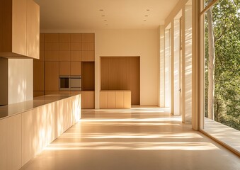Obraz premium Modern Minimalist Home Design: Sunlight Illuminates Open-Plan Kitchen and Living Space with Floor-to-Ceiling Windows, Creating a Serene Atmosphere.