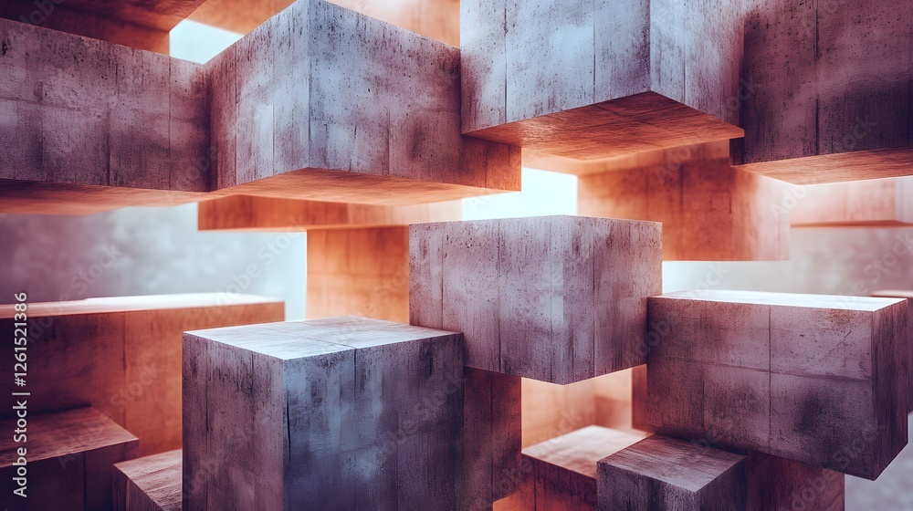 Poster modular voxel construction featuring interconnected cubes in a modern room setting with minimalistic