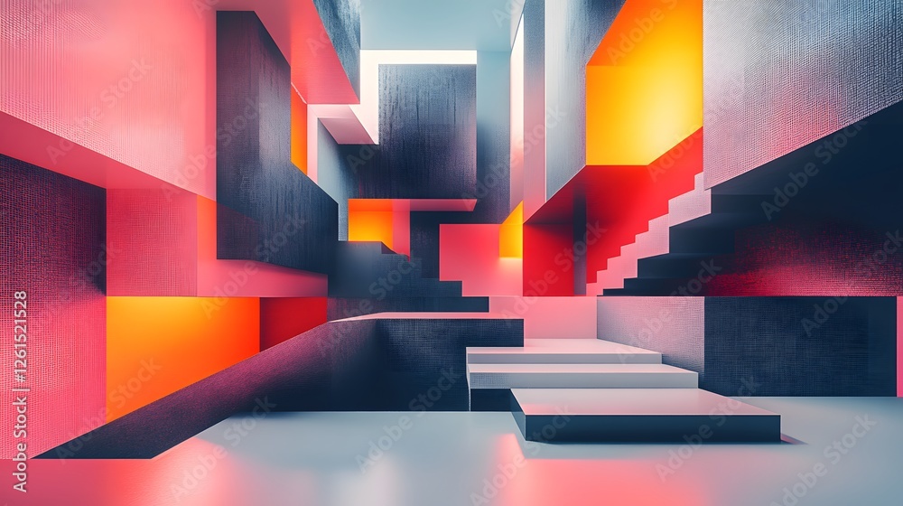 Poster colorful abstract cityscape with modular voxel construction and interconnected structures in vibrant