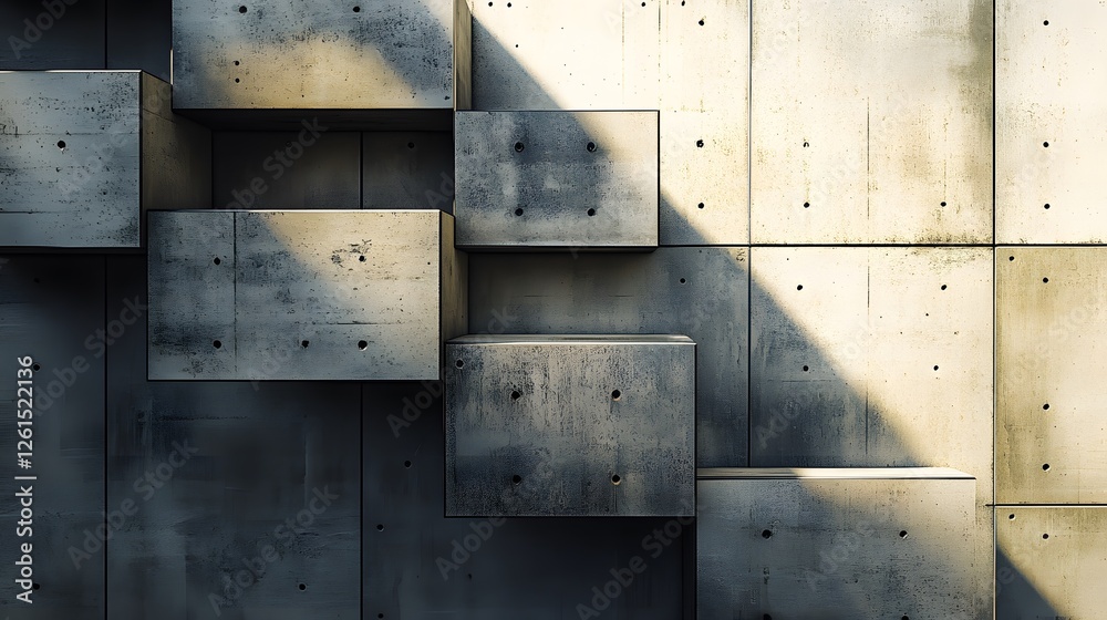 Poster minimalist 3d stacked blocks of various sizes arranged on a wall in an abstract display