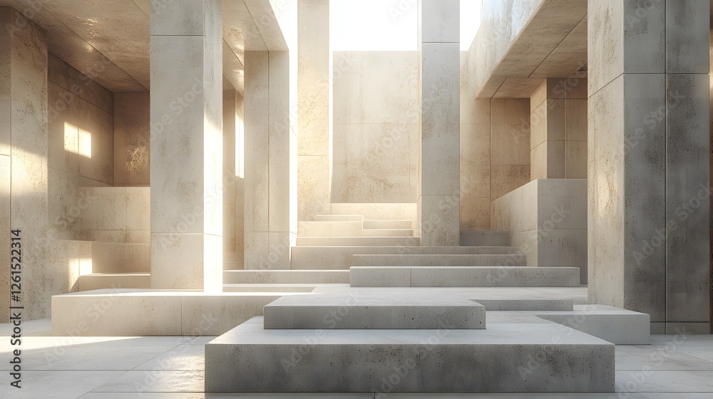 Poster concrete structure with steps and minimalist vertical shapes in varying heights for modern architect
