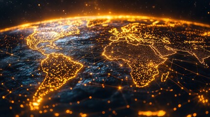 A metallic cyber globe with glowing circuits, pulsating neon lines linking cities, visualizing chaotic global communication and data flow