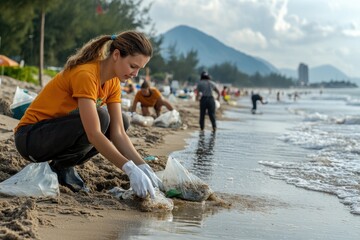 Woman in orange shirt cleans beach, collecting trash in plastic bags. Illustrates environmental conservation and beach cleanup efforts.