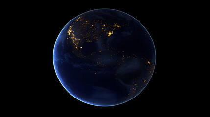 Obraz premium Stunning night view of Earth from space, showcasing the bright city lights of North and South America against the dark backdrop of space. A beautiful depiction of our planet's vibrant energy.