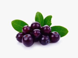 Fototapeta premium Acai Berries with Green Leaves Isolated on White Background