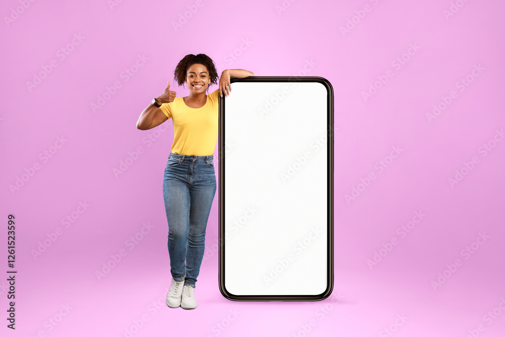 Poster advertisement for mobile application. cheery african american lady standing near modern smartphone w