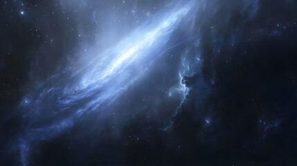 Stunning cosmic artwork depicts a vibrant blue nebula swirling within a dark expanse of space, speckled with distant stars.