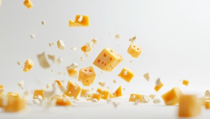 Falling cheese cubes against white background