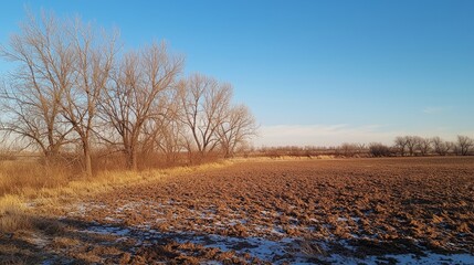 Obraz premium Winter landscape featuring bare trees and a plowed field under a clear blue sky