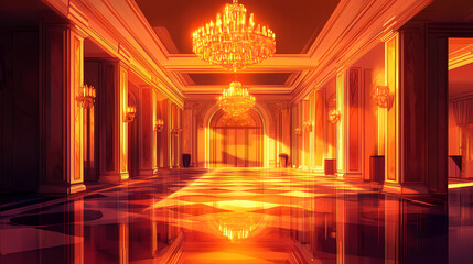 Obraz premium Expensive interior of the hotel lobby, reception, glossy marble floor with reflection, chandeliers, dim lighting, secular restaurant. Temporal Corridors. Illustration