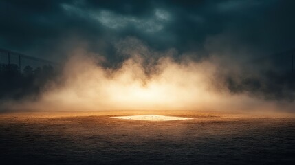 Foggy field with illuminated square, dark sky. Perfect for mystery, suspense, or hope themes, evokes mood and atmosphere.
