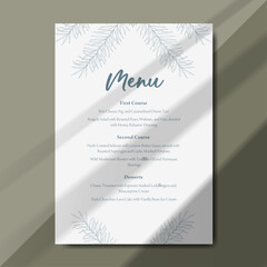 Botanical menu template with clean layout and elegant typography. Perfect for receptions, anniversary, dinners, birthday party and formal gatherings. Printable menu design with size 5"x7"
