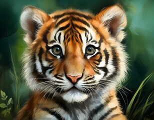 Obraz premium Tigerbaby, grüner Hintergrund