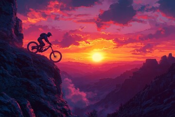 Fototapeta premium Mountain biker sunset cliff
