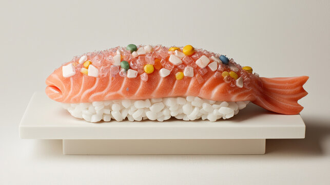 Ocean Plastic Pollution and Microplastic Crisis Theme, Artistic sushi platter featuring colorful toppings and rice