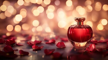 Romantic crimson red perfume bottle mock up adorned with delicate rose petals warm glowing lights 