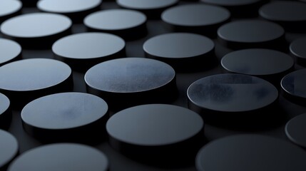 Collection of metal discs and symmetrical 3d circular elements in minimalist design arrangement