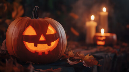 Obraz premium Spooky Halloween Glow - Jack-O’-Lantern with Candlelight