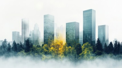 Urban Oasis: City Skyline Emerging from Misty Forest