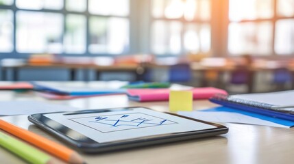Classroom Technology: Tablet with Hand-Drawn Graph in Blurred Educational Setting