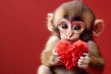 Digital ads conceptual art. Cute macaque baby with fluffy red heart - sign of love, funny greeting card. Macaque - my beloved animal. Commercial concept. Romantic animal-themed posters.