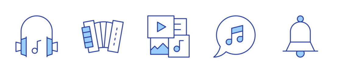 accordion, bell, multimedia, bubble, music headphones. Music Icon vector illustration. Line Duotone style. Editable stroke