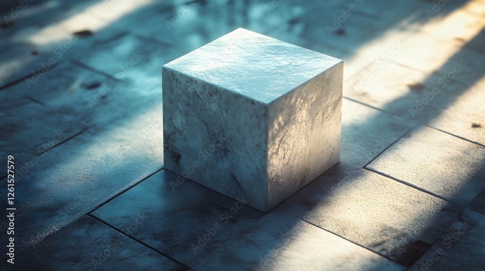 Poster white cube on tiled floor illuminated by soft spotlight in minimalist 3d design setting