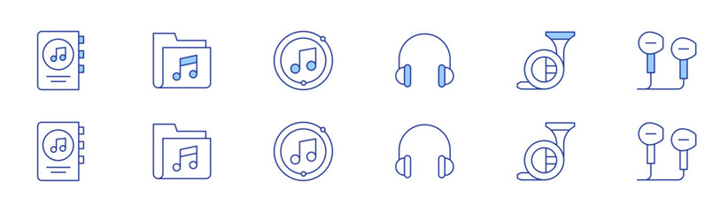 Music icon set in two styles, Duotone and Thin Line style. Editable stroke. music book, headphones, french horn, music folder, music note