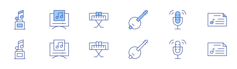 Music icon set in two styles, Duotone and Thin Line style. Editable stroke. trophy, banjo, music player, record, piano, music sheet