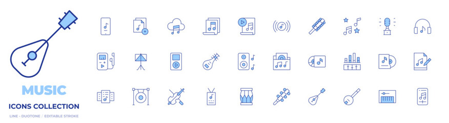 Music icons collection. Line Duotone style, editable stroke. drum, mandolin, banjo, sleigh bell, listen, mp player, music app, music files, violin, speaker, music folder, music award, music player.