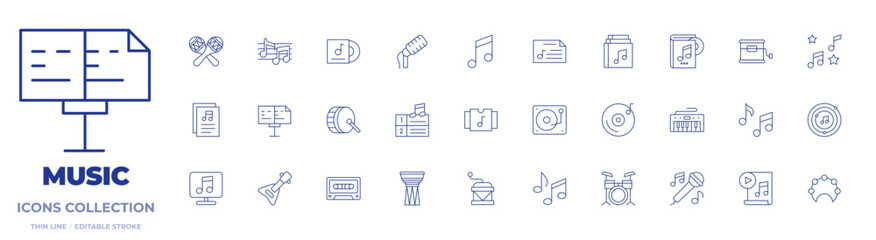 Music icons collection. Thin Line icons, editable stroke. album, cassette, cd player, drum, kettledrum, keyboard, maracas, microphone, music, music box, music maker app, music mixer.
