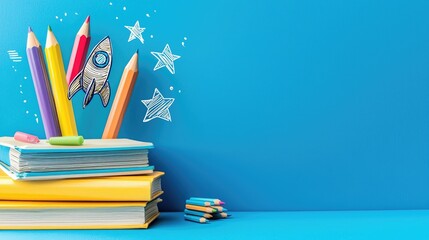 Fototapeta premium Colorful pencils and books with a rocket illustration on a blue background, symbolizing creativity