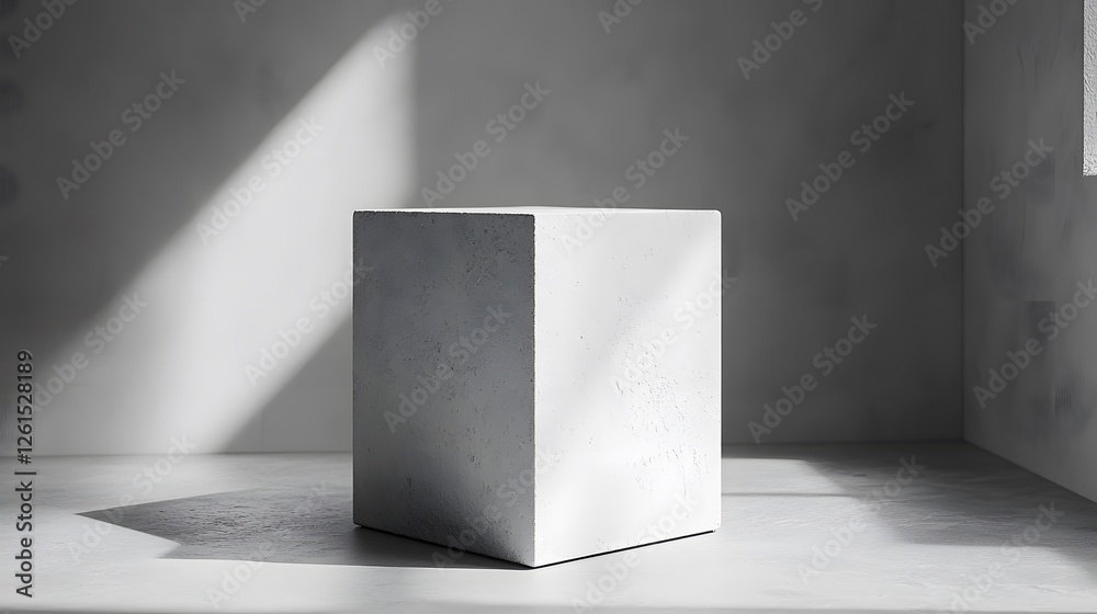 Poster minimalist white cube object on concrete floor in empty space with simple design and clean lines