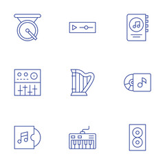 Music icons set. Thin Line style, editable stroke. gong, harp, music, music album, music book, piano, speakers, studio mixer