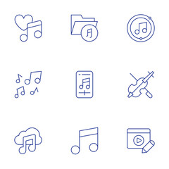 Music icons set. Thin Line style, editable stroke. love song, music, music folder, music note, music player, video editing, violin