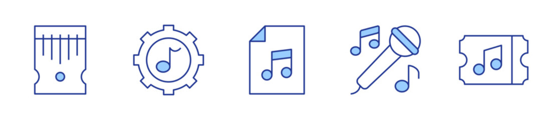 music, concert, music file, microphone, mbira. Music Icon vector illustration. Line Duotone style. Editable stroke