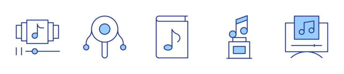 playlist, trophy, music player, rattle drum, music. Music Icon vector illustration. Line Duotone style. Editable stroke