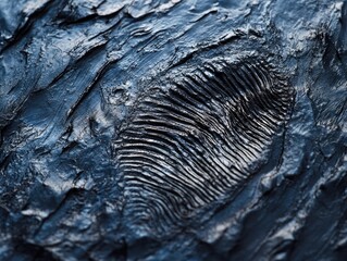 Ancient fossil imprint in dark rock, close-up texture