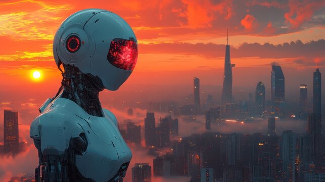 A cyborg explorer with robotic legs scans a red desert landscape on an alien planet, using augmented vision.