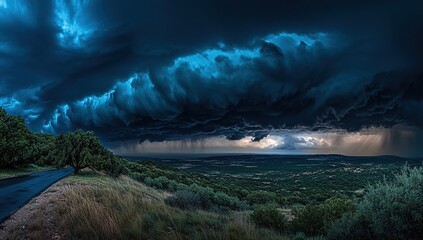 Fototapeta premium Dark Storm Clouds Roll Over Scenic Landscape, Dramatic Rain, Nature's Fury Unleashed, Impressive Vista, Breathtaking View