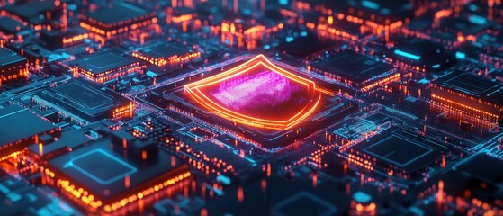 Cybersecurity Shield: Digital Fortress, Neon Glow, Circuit Board Protection