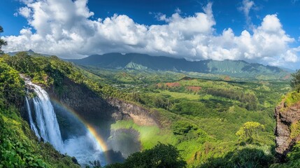 Fototapeta premium Waterfall Rainbow Lush Valley Landscape Panorama