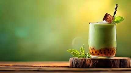 Glass of green drink with matcha coconut bubble tea on a wooden table background