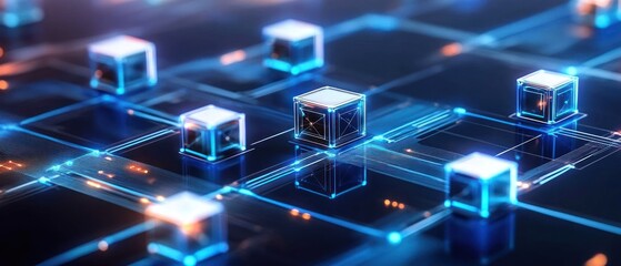 Abstract Network of Glowing Cubes, Digital Technology Background, Futuristic Data Blocks Connected by Lines of Light