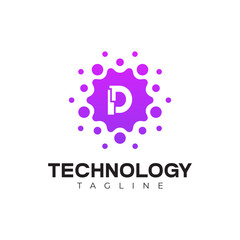 Modern Technology Logo - Letter D and Purple Digital Dots Vector Design