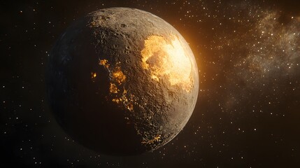 Naklejka premium A celestial body, possibly a moon or planet, with a rugged, cratered surface.