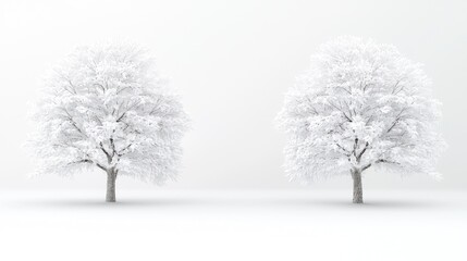 Fototapeta premium Two snow-covered trees, winter landscape, minimalist background, perfect for winter themed designs