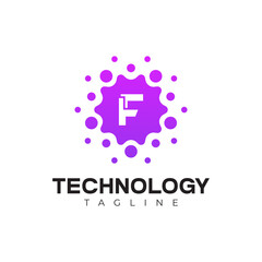 Modern Technology Logo - Letter F and Purple Digital Dots Vector Design